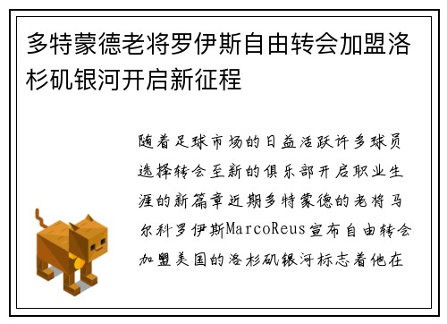 多特蒙德老将罗伊斯自由转会加盟洛杉矶银河开启新征程 多特蒙德老将罗伊斯自由转会加盟洛杉矶银河开启新征程